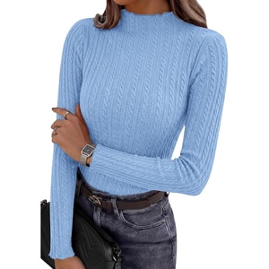 image:imagePRETTYGARDEN Womens Fall Long Sleeve Fitted Shirts  Comfy Stretchy Cable Knit Trendy Lettuce Trim Mock Neck Casual Basic Tees Cute Layering Tops 2026 Fashion ClothingLight Blue