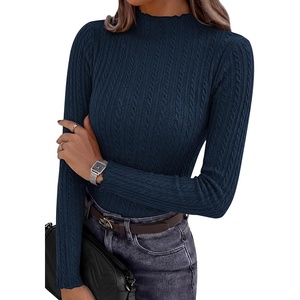 image:imagePRETTYGARDEN Womens Fall Long Sleeve Fitted Shirts  Comfy Stretchy Cable Knit Trendy Lettuce Trim Mock Neck Casual Basic Tees Cute Layering Tops 2026 Fashion ClothingNavy Blue