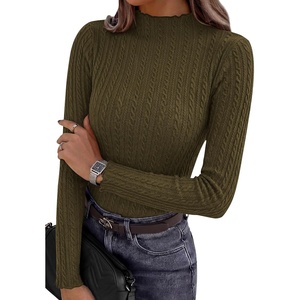 image:imagePRETTYGARDEN Womens Fall Long Sleeve Fitted Shirts  Comfy Stretchy Cable Knit Trendy Lettuce Trim Mock Neck Casual Basic Tees Cute Layering Tops 2026 Fashion ClothingArmy Green