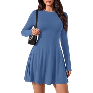 image:imagePRETTYGARDEN Womens Long Sleeve Flowy Mini Dress with Tie Waist Soft Stretchy Fitted ALine Dresses for Early Fall FashionBlue