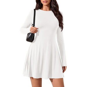 image:imagePRETTYGARDEN Womens Long Sleeve Flowy Mini Dress with Tie Waist Soft Stretchy Fitted ALine Dresses for Early Fall FashionWhite