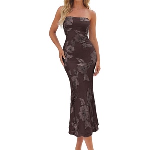 image:imagePRETTYGARDEN Womens Wedding Guest Floral Midi Tube Dress  Lightweight Soft Mesh FormFitting Bodycon Strapless Side Slit Elegant for Cocktails Homecoming Parties amp Formal EventsCoffee
