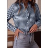 image:imagePRETTYGARDEN Womens Long Sleeve Button Down Shirts  Soft Cotton Fabric Fashion Plaid Shirt Basic Collared V Neck Work Business Casual Blouses 2026 Fall Trendy OutfitsPlaid Navy White