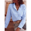 image:imagePRETTYGARDEN Womens Long Sleeve Button Down Shirts  Soft Cotton Fabric Fashion Plaid Shirt Basic Collared V Neck Work Business Casual Blouses 2026 Fall Trendy OutfitsPlaid Light Blue White