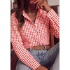 image:imagePRETTYGARDEN Womens Long Sleeve Button Down Shirts  Soft Cotton Fabric Fashion Plaid Shirt Basic Collared V Neck Work Business Casual Blouses 2026 Fall Trendy OutfitsPlaid Brilliant Red White