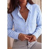 image:imagePRETTYGARDEN Womens Long Sleeve Button Down Shirts  Soft Cotton Fabric Fashion Plaid Shirt Basic Collared V Neck Work Business Casual Blouses 2026 Fall Trendy OutfitsPlaid Light Blue White