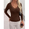 image:imagePRETTYGARDEN Womens Long Sleeve Shirts Cute Lace V Neck Tops  Trendy Going Out Crop Top Sexy Stretchy Fitted Blouses 2026 Fall Clothes Lightweight Winter Undershirts Tees Base LayerBrown