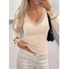 image:imagePRETTYGARDEN Womens Long Sleeve Shirts Cute Lace V Neck Tops  Trendy Going Out Crop Top Sexy Stretchy Fitted Blouses 2026 Fall Clothes Lightweight Winter Undershirts Tees Base LayerBeige