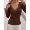 image:imagePRETTYGARDEN Womens Long Sleeve Shirts Cute Lace V Neck Tops  Trendy Going Out Crop Top Sexy Stretchy Fitted Blouses 2026 Fall Clothes Lightweight Winter Undershirts Tees Base LayerBrown