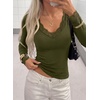 image:imagePRETTYGARDEN Womens Long Sleeve Shirts Cute Lace V Neck Tops  Trendy Going Out Crop Top Sexy Stretchy Fitted Blouses 2026 Fall Clothes Lightweight Winter Undershirts Tees Base LayerArmy Green