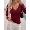 image:imagePRETTYGARDEN Womens Long Sleeve Shirts Cute Lace V Neck Tops  Trendy Going Out Crop Top Sexy Stretchy Fitted Blouses 2026 Fall Clothes Lightweight Winter Undershirts Tees Base LayerBurgundy