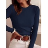 image:imagePRETTYGARDEN Womens Long Sleeve Shirts Fall Ribbed Basic Tee  Soft Stretchy Slim Fitted Tops Cute Going Out Y2K Clothes Daily Wear Business Casual Work Blouses Trendy Fashion LayeringNavy Blue