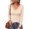 image:imagePRETTYGARDEN Womens Long Sleeve Shirts Cute Lace V Neck Tops  Trendy Going Out Crop Top Sexy Stretchy Fitted Blouses 2026 Fall Clothes Lightweight Winter Undershirts Tees Base LayerBeige