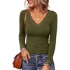 image:imagePRETTYGARDEN Womens Long Sleeve Shirts Cute Lace V Neck Tops  Trendy Going Out Crop Top Sexy Stretchy Fitted Blouses 2026 Fall Clothes Lightweight Winter Undershirts Tees Base LayerArmy Green