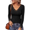 image:imagePRETTYGARDEN Womens Long Sleeve Shirts Cute Lace V Neck Tops  Trendy Going Out Crop Top Sexy Stretchy Fitted Blouses 2026 Fall Clothes Lightweight Winter Undershirts Tees Base LayerBlack