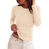 image:imagePRETTYGARDEN Womens Long Sleeve Shirts Fall Ribbed Basic Tee  Soft Stretchy Slim Fitted Tops Cute Going Out Y2K Clothes Daily Wear Business Casual Work Blouses Trendy Fashion LayeringBeige