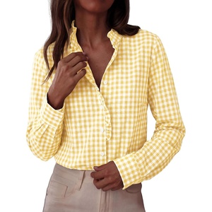 image:imagePRETTYGARDEN Womens Long Sleeve Button Down Shirts  Soft Cotton Fabric Fashion Plaid Shirt Basic Collared V Neck Work Business Casual Blouses 2026 Fall Trendy OutfitsPlaid Yellow White