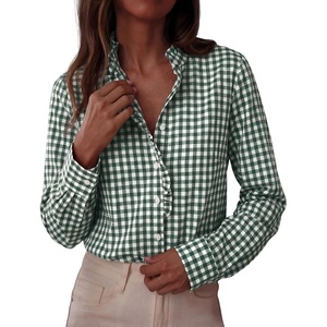 image:imagePRETTYGARDEN Womens Long Sleeve Button Down Shirts  Soft Cotton Fabric Fashion Plaid Shirt Basic Collared V Neck Work Business Casual Blouses 2026 Fall Trendy OutfitsPlaid Dark Green White