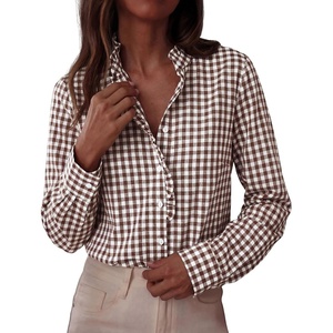 image:imagePRETTYGARDEN Womens Long Sleeve Button Down Shirts  Soft Cotton Fabric Fashion Plaid Shirt Basic Collared V Neck Work Business Casual Blouses 2026 Fall Trendy OutfitsPlaid Brown White