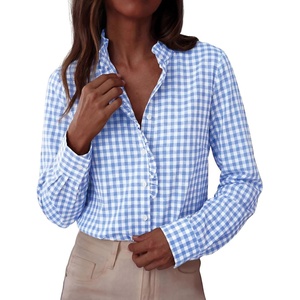 image:imagePRETTYGARDEN Womens Long Sleeve Button Down Shirts  Soft Cotton Fabric Fashion Plaid Shirt Basic Collared V Neck Work Business Casual Blouses 2026 Fall Trendy OutfitsPlaid Light Blue White