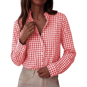 image:imagePRETTYGARDEN Womens Long Sleeve Button Down Shirts  Soft Cotton Fabric Fashion Plaid Shirt Basic Collared V Neck Work Business Casual Blouses 2026 Fall Trendy OutfitsPlaid Brilliant Red White