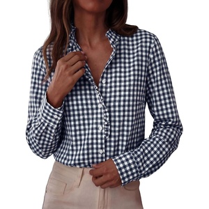 image:imagePRETTYGARDEN Womens Long Sleeve Button Down Shirts  Soft Cotton Fabric Fashion Plaid Shirt Basic Collared V Neck Work Business Casual Blouses 2026 Fall Trendy OutfitsPlaid Navy White