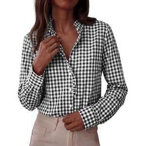 image:imagePRETTYGARDEN Womens Long Sleeve Button Down Shirts  Soft Cotton Fabric Fashion Plaid Shirt Basic Collared V Neck Work Business Casual Blouses 2026 Fall Trendy OutfitsPlaid Black White