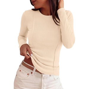 image:imagePRETTYGARDEN Womens Long Sleeve Shirts Fall Ribbed Basic Tee  Soft Stretchy Slim Fitted Tops Cute Going Out Y2K Clothes Daily Wear Business Casual Work Blouses Trendy Fashion LayeringBeige