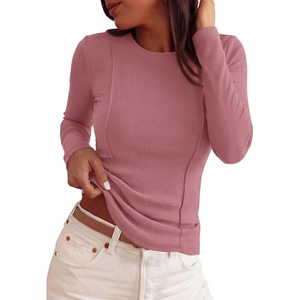 image:imagePRETTYGARDEN Womens Long Sleeve Shirts Fall Ribbed Basic Tee  Soft Stretchy Slim Fitted Tops Cute Going Out Y2K Clothes Daily Wear Business Casual Work Blouses Trendy Fashion LayeringDusty Pink