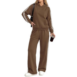 image:imagePRETTYGARDEN Womens Striped Sweatsuits 2 Piece Outfits Matching Lounge Sets  Oversized Hoodie Sweat Set Kangaroo Pocket Wide Leg Sweatpants Retro Y2K Casual Tracksuits Travel Airport Workout ClothesBrown