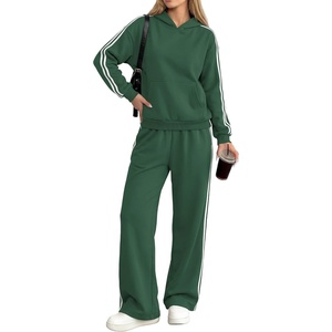 image:imagePRETTYGARDEN Womens Striped Sweatsuits 2 Piece Outfits Matching Lounge Sets  Oversized Hoodie Sweat Set Kangaroo Pocket Wide Leg Sweatpants Retro Y2K Casual Tracksuits Travel Airport Workout ClothesGreen