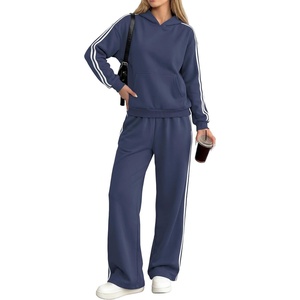 image:imagePRETTYGARDEN Womens Striped Sweatsuits 2 Piece Outfits Matching Lounge Sets  Oversized Hoodie Sweat Set Kangaroo Pocket Wide Leg Sweatpants Retro Y2K Casual Tracksuits Travel Airport Workout ClothesNavy Blue