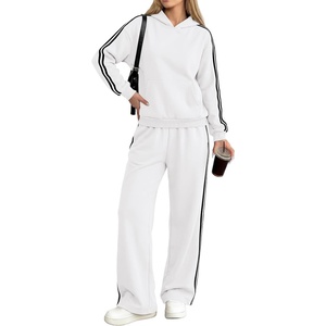image:imagePRETTYGARDEN Womens Striped Sweatsuits 2 Piece Outfits Matching Lounge Sets  Oversized Hoodie Sweat Set Kangaroo Pocket Wide Leg Sweatpants Retro Y2K Casual Tracksuits Travel Airport Workout ClothesWhite