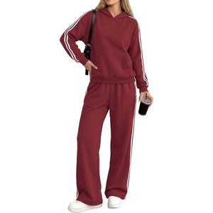 image:imagePRETTYGARDEN Womens Striped Sweatsuits 2 Piece Outfits Matching Lounge Sets  Oversized Hoodie Sweat Set Kangaroo Pocket Wide Leg Sweatpants Retro Y2K Casual Tracksuits Travel Airport Workout ClothesWine Red