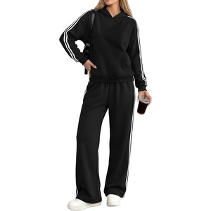 image:imagePRETTYGARDEN Womens Striped Sweatsuits 2 Piece Outfits Matching Lounge Sets  Oversized Hoodie Sweat Set Kangaroo Pocket Wide Leg Sweatpants Retro Y2K Casual Tracksuits Travel Airport Workout ClothesBlack