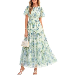 image:imagePRETTYGARDEN Women Tulle Floral Flowy Maxi Dress  Long Boho Dresses Smocked Tiered A Line Spring Summer Elegant Outfit for Wedding Guest Beach Vacation Date Night PartyLight Green Blue Floral