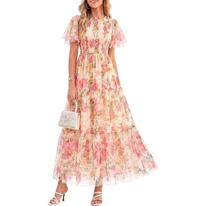 image:imagePRETTYGARDEN Women Tulle Floral Flowy Maxi Dress  Long Boho Dresses Smocked Tiered A Line Spring Summer Elegant Outfit for Wedding Guest Beach Vacation Date Night PartyApricot Multi Floral