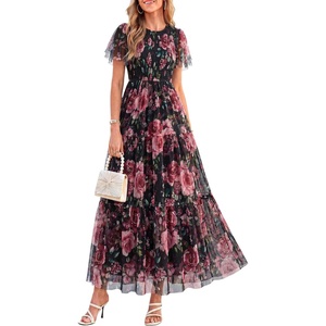image:imagePRETTYGARDEN Women Tulle Floral Flowy Maxi Dress  Long Boho Dresses Smocked Tiered A Line Spring Summer Elegant Outfit for Wedding Guest Beach Vacation Date Night PartyBlack Floral