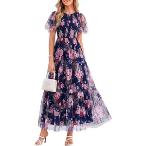 image:imagePRETTYGARDEN Women Tulle Floral Flowy Maxi Dress  Long Boho Dresses Smocked Tiered A Line Spring Summer Elegant Outfit for Wedding Guest Beach Vacation Date Night PartyNavy Multi Floral