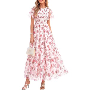 image:imagePRETTYGARDEN Women Tulle Floral Flowy Maxi Dress  Long Boho Dresses Smocked Tiered A Line Spring Summer Elegant Outfit for Wedding Guest Beach Vacation Date Night PartyWhite Pink Floral