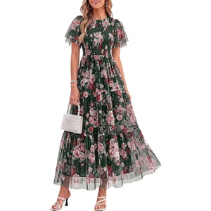 image:imagePRETTYGARDEN Women Tulle Floral Flowy Maxi Dress  Long Boho Dresses Smocked Tiered A Line Spring Summer Elegant Outfit for Wedding Guest Beach Vacation Date Night PartyArmy Green Pink Floral