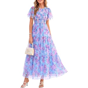image:imagePRETTYGARDEN Women Tulle Floral Flowy Maxi Dress  Long Boho Dresses Smocked Tiered A Line Spring Summer Elegant Outfit for Wedding Guest Beach Vacation Date Night PartyBlue Pink Floral