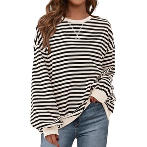 image:imagePRETTYGARDEN Womens Striped Oversized Sweatshirt Color Block Crew Neck Long Sleeve Casual Loose Pullover Top Y2K ClothesBeige Black