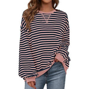 image:imagePRETTYGARDEN Womens Striped Oversized Sweatshirt Color Block Crew Neck Long Sleeve Casual Loose Pullover Top Y2K ClothesPink Navy