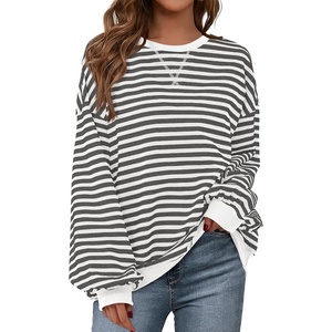 image:imagePRETTYGARDEN Womens Striped Oversized Sweatshirt Color Block Crew Neck Long Sleeve Casual Loose Pullover Top Y2K ClothesWhite Grey