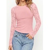 image:imagePRETTYGARDEN Sheer Lace Raglan Long Sleeve Shirts for Women  Soft Stretchy KnitSee Through Floral SleevesCrewneck Fitted TshirtsGoing Out TopsNight Out LayerFall Fashion ClothingPink