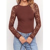 image:imagePRETTYGARDEN Sheer Lace Raglan Long Sleeve Shirts for Women  Soft Stretchy KnitSee Through Floral SleevesCrewneck Fitted TshirtsGoing Out TopsNight Out LayerFall Fashion ClothingBrick Red