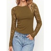 image:imagePRETTYGARDEN Sheer Lace Raglan Long Sleeve Shirts for Women  Soft Stretchy KnitSee Through Floral SleevesCrewneck Fitted TshirtsGoing Out TopsNight Out LayerFall Fashion ClothingLight Brown
