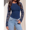 image:imagePRETTYGARDEN Sheer Lace Raglan Long Sleeve Shirts for Women  Soft Stretchy KnitSee Through Floral SleevesCrewneck Fitted TshirtsGoing Out TopsNight Out LayerFall Fashion ClothingNavy