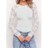 image:imagePRETTYGARDEN Sheer Lace Raglan Long Sleeve Shirts for Women  Soft Stretchy KnitSee Through Floral SleevesCrewneck Fitted TshirtsGoing Out TopsNight Out LayerFall Fashion ClothingWhite
